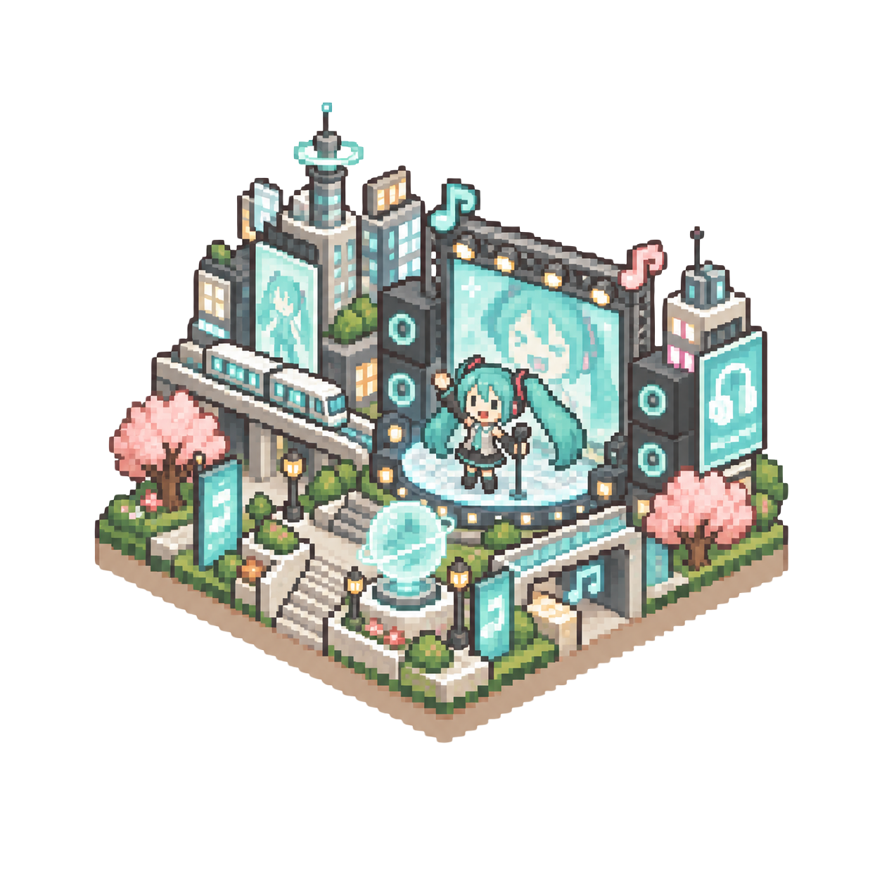 初音未來主題的像素風島嶼插畫