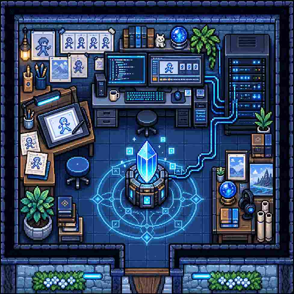 竹代設計的藍色科技工房，電腦、動畫分鏡與連接設備圍繞發光水晶